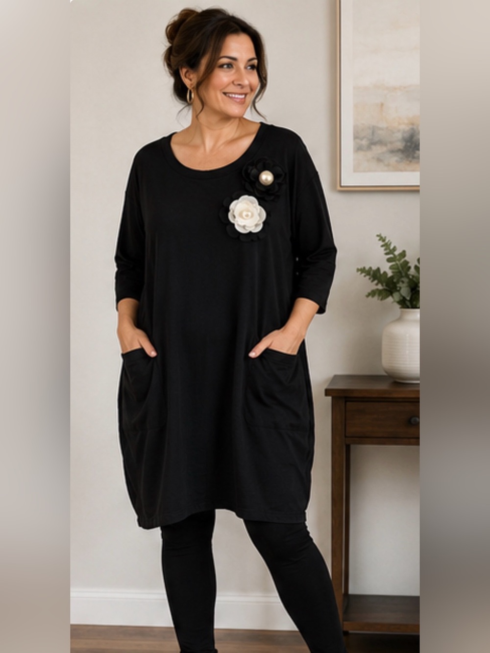 Kitana Made in Italy Black Cotton Tunic Dress Floral Appliqué IT 46 / US 10 L